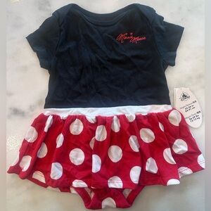 NWT Disney Minnie Mouse Black Skirted Bodysuit Red & White Polka Dot Skirt